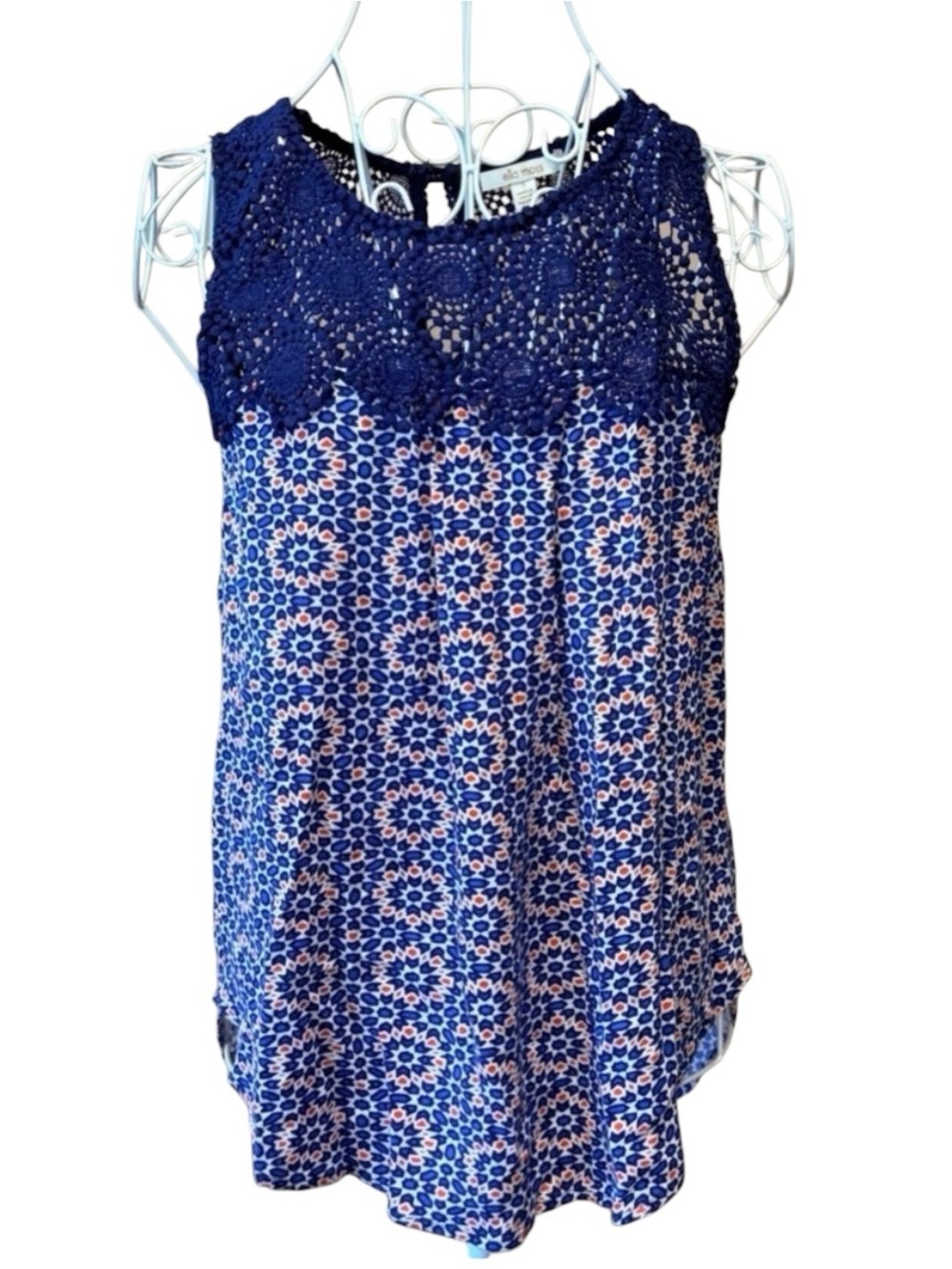 Crochet Lace Top Navy Blue Geometric Print Sleeveless Swing Boho S